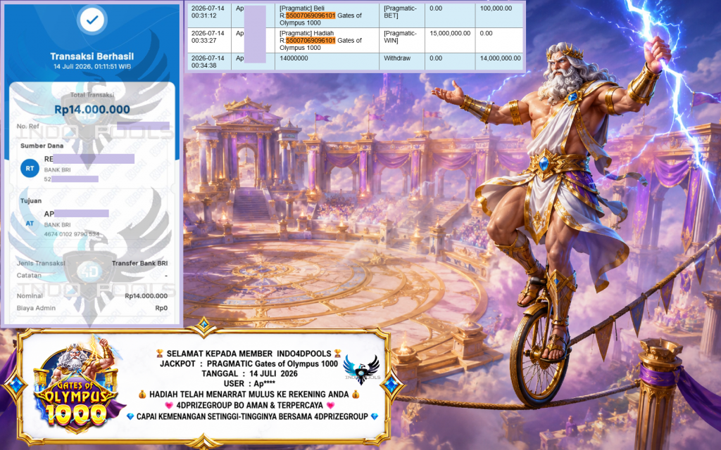 INDO4DPOOLS JACKPOT PRAGMATIC “Gates of Olympus 1000″‎‏‏‎‎ Rp14.000.000,- LUNAS