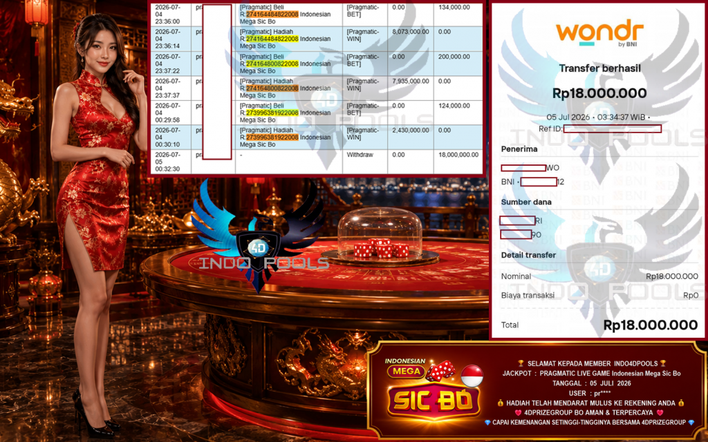 INDO4DPOOLS JACKPOT PRAGMATIC LIVE GAME “Indonesian Mega Sic Bo” Rp18.000.000,- LUNAS