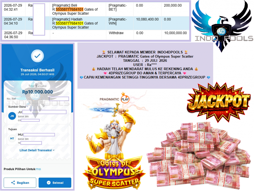 INDO4DPOOLS JACKPOT PRAGMATIC “Gates of Olympus Super Scatter” Rp10.000.000,- LUNAS