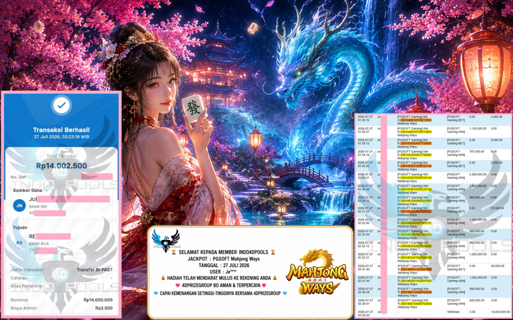 INDO4DPOOLS JACKPOT PGSOFT “Mahjong Ways” Rp14.000.000,- LUNAS