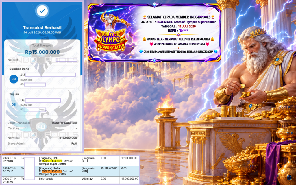 INDO4DPOOLS JACKPOT PRAGMATIC “Gates of Olympus Super Scatter”‎‏‏‎‎ Rp15.000.000,- LUNAS
