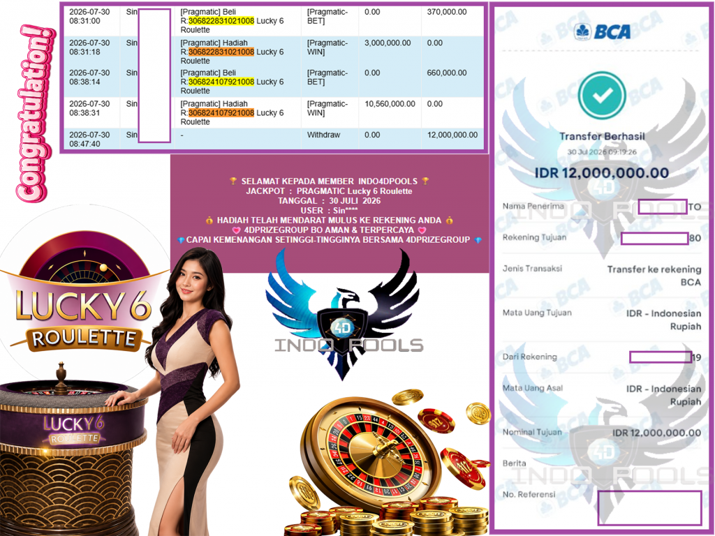 INDO4DPOOLS JACKPOT PRAGMATIC “Lucky 6 Roulette”‎‏‏‎‎ Rp12.000.000,- LUNAS