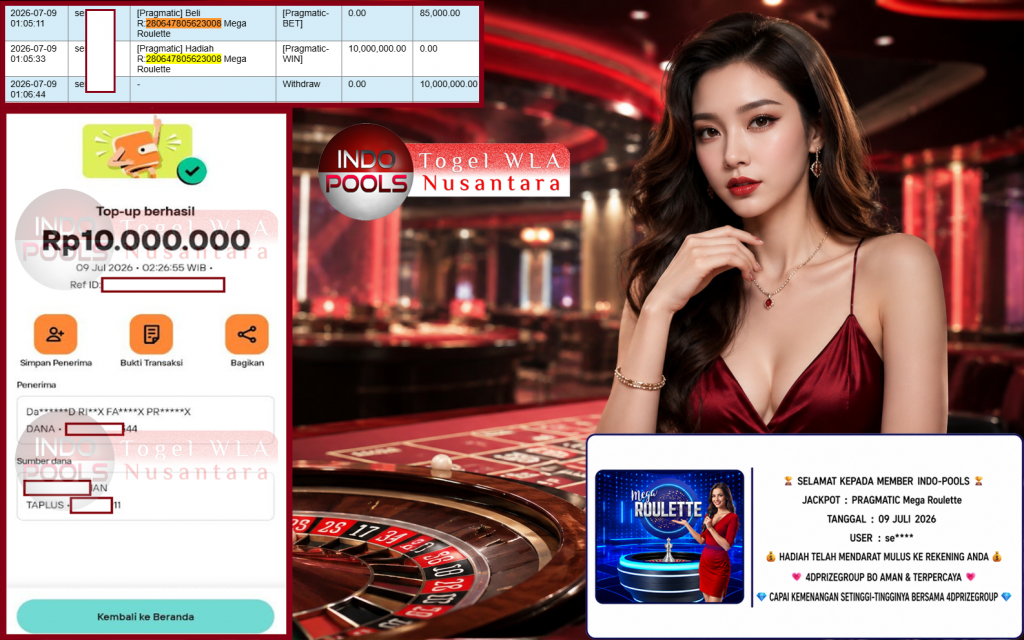 INDO-POOLS JACKPOT PRAGMATIC “Mega Roulette” Rp10.000.000,- LUNAS