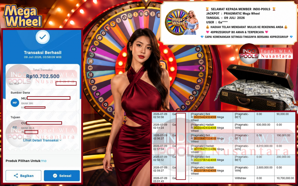 INDO-POOLS JACKPOT PRAGMATIC “Mega Wheel” Rp10.700.000,- LUNAS