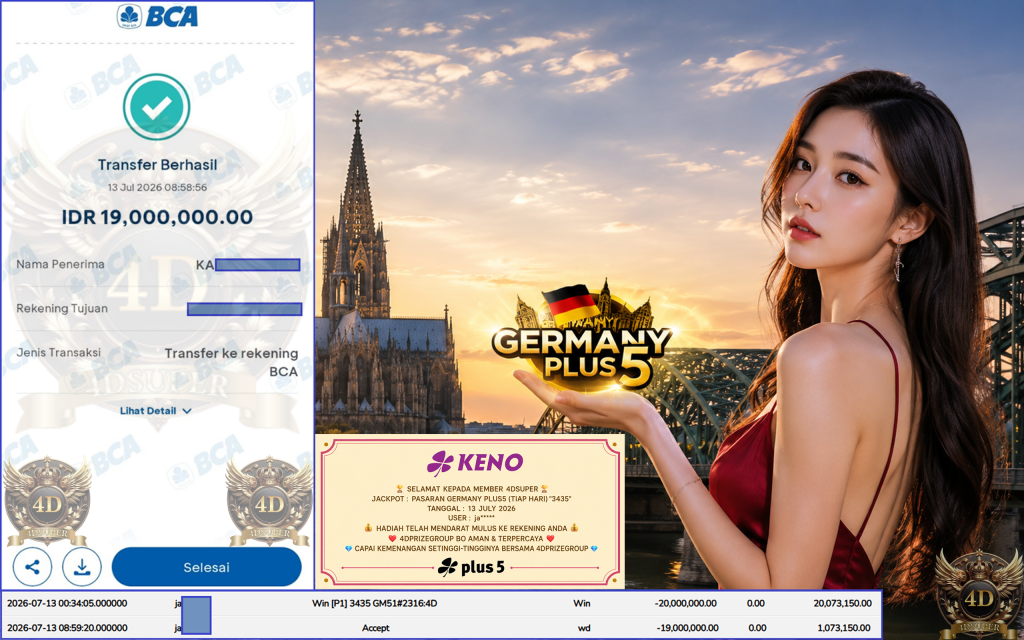 4DSUPER JACKPOT PASARAN ” GERMANY PLUS5 (TIAP HARI) ”3435” ” Rp 19,000,000,- LUNAS