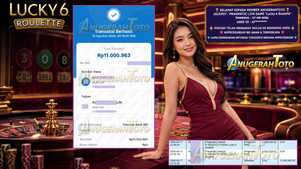 ANUGERAHTOTO JACKPOT PRAGMATIC LIVE GAME βLucky 6 Rouletteβ ββββRp 11.000.963,- LUNAS