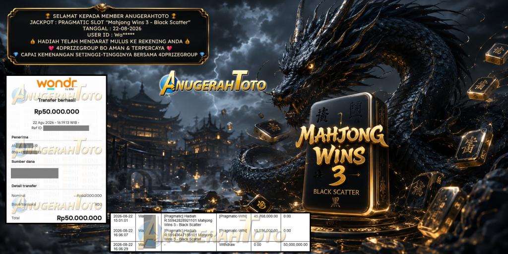 ANUGERAHTOTO JACKPOT PRAGMATIC SLOT βMahjong Wins 3 β Black Scatterβ Rp 50.000.000,- LUNAS