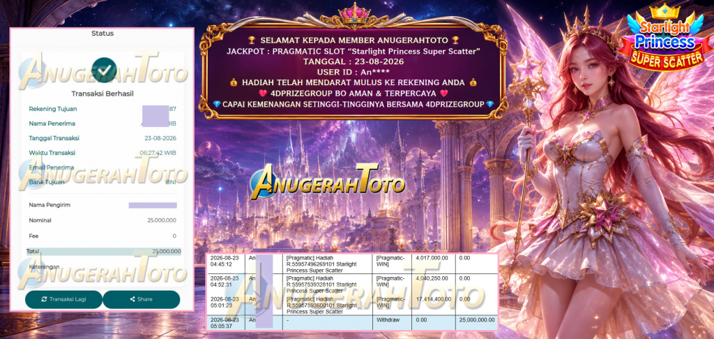 ANUGERAHTOTO JACKPOT PRAGMATIC SLOT βStarlight Princess Super Scatterβ Rp 25.000.000,- LUNAS