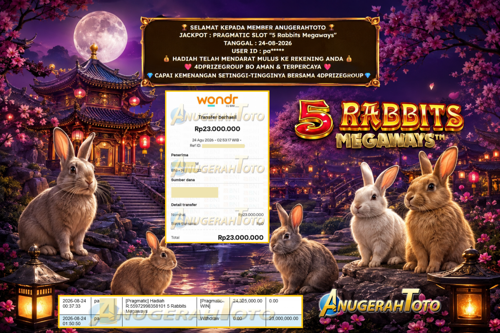 ANUGERAHTOTO JACKPOT PRAGMATIC SLOT “5 Rabbits Megaways” Rp 23.000.000,- LUNAS