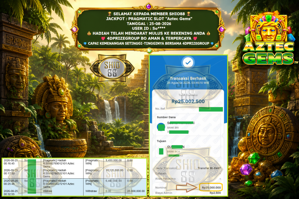 SHIO88 JACKPOT PRAGMATIC SLOT “Aztec Gems” Rp 25.000.000,- LUNAS