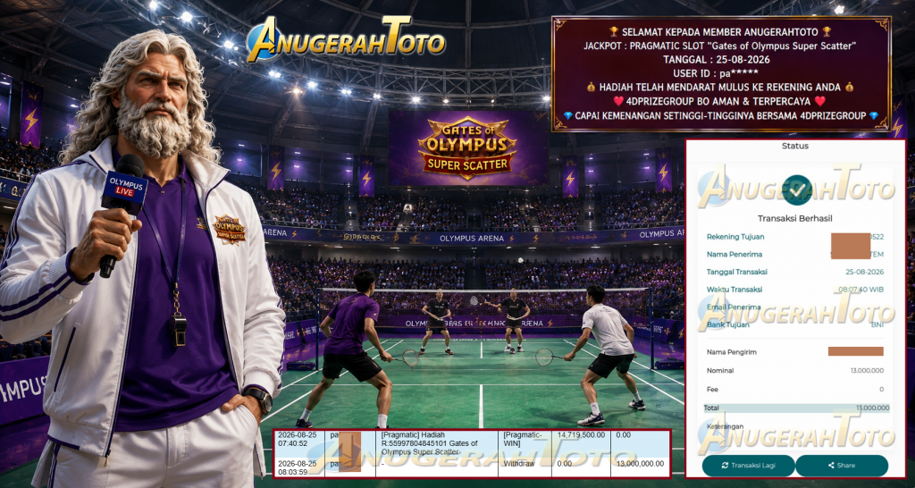ANUGERAHTOTO JACKPOT PRAGMATIC SLOT “Gates of Olympus Super Scatter” Rp 13.000.000,- LUNAS
