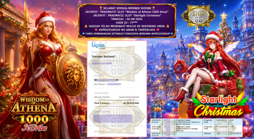 SHIO88 JACKPOT PRAGMATIC SLOT “Wisdom of Athena 1000 Xmas” & PRAGMATIC SLOT “Starlight Christmas” Rp 25.000.000,- LUNAS