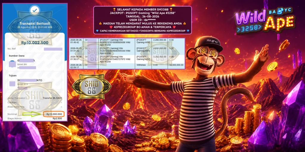 SHIO88 JACKPOT PGSOFT Gaming “Wild Ape #3258” ‎‎‏‏‎‎‏‏Rp 10.000.000,- LUNAS