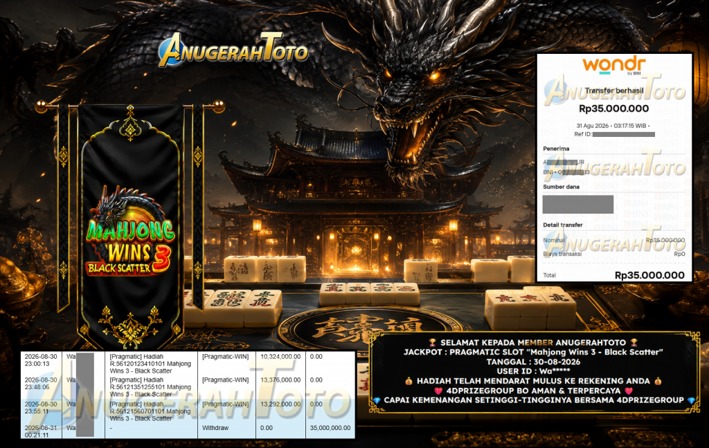 ANUGERAHTOTO JACKPOT PRAGMATIC SLOT “Mahjong Wins 3 – Black Scatter” Rp 35.000.000,- LUNAS