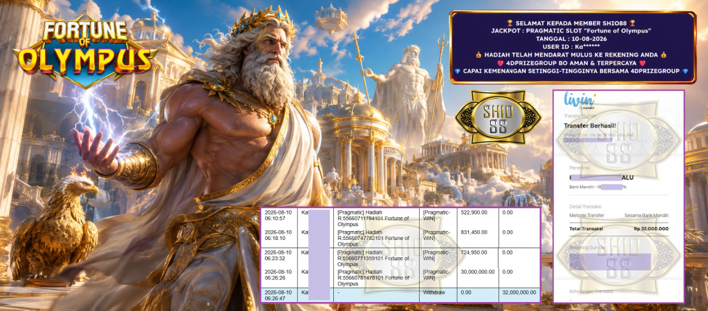 SHIO88 JACKPOT PRAGMATIC SLOT “Fortune of Olympus” Rp 32.000.000,- LUNAS