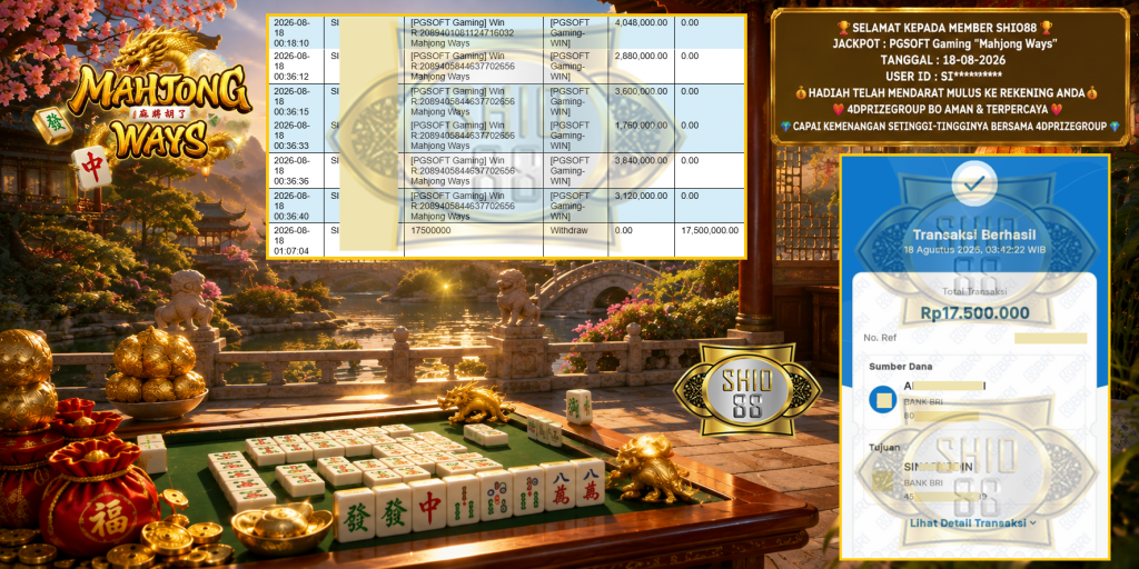 SHIO88 JACKPOT PGSOFT Gaming “Mahjong Ways” Rp 17.500.000,- LUNAS