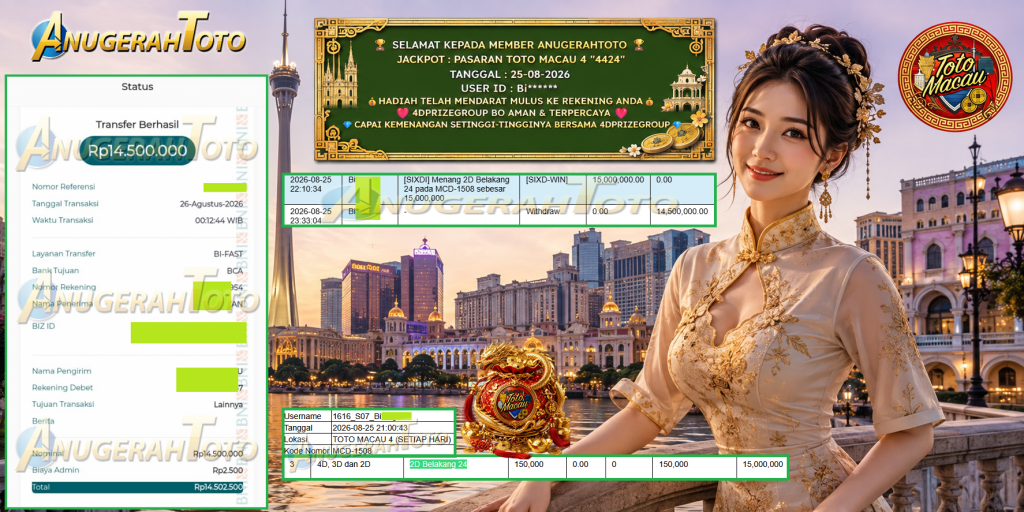 ANUGERAHTOTO JACKPOT PASARAN TOTO MACAU 4 “4424” Rp 14.500.000,- LUNAS