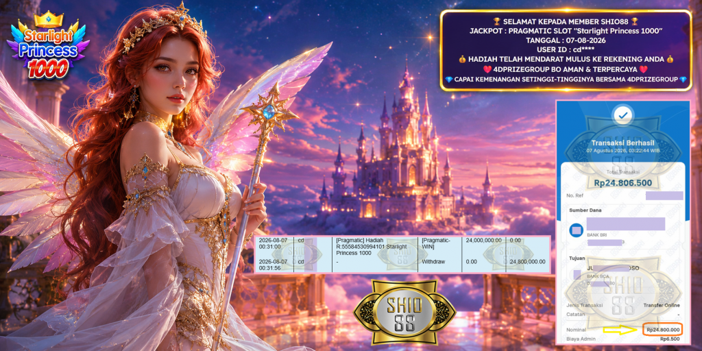 SHIO88 JACKPOT PRAGMATIC SLOT “Starlight Princess 1000” Rp 24.800.000,- LUNAS