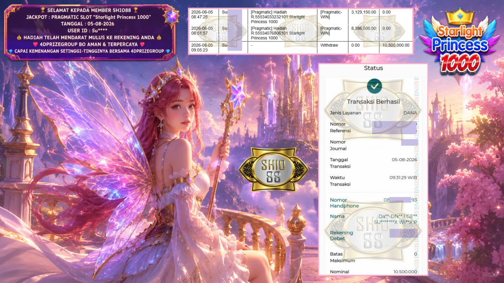 SHIO88 JACKPOT PRAGMATIC SLOT “Starlight Princess 1000” Rp 10.500.000,- LUNAS