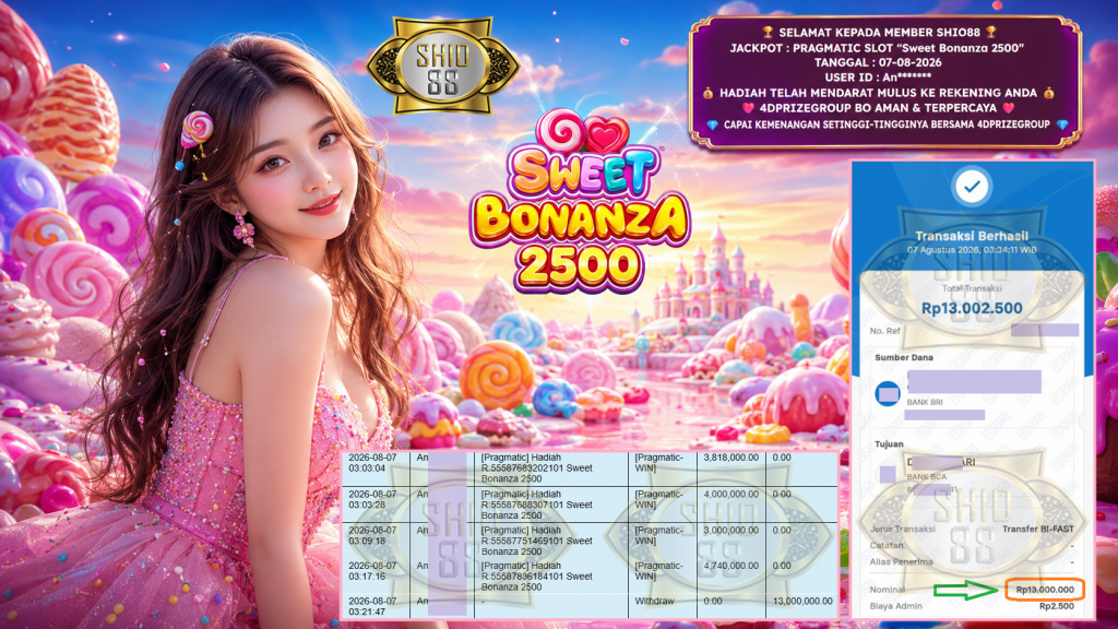 SHIO88 JACKPOT PRAGMATIC SLOT “Sweet Bonanza 2500” Rp 13.000.000,- LUNAS