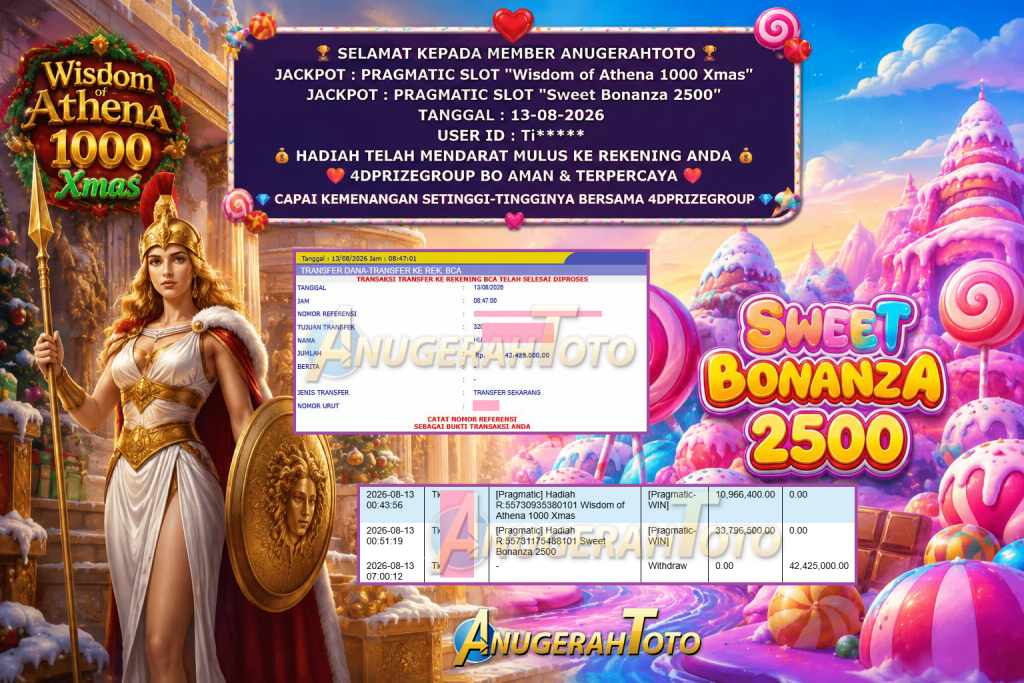 ANUGERAHTOTO JACKPOT PRAGMATIC SLOT “Wisdom of Athena 1000 Xmas” & PRAGMATIC SLOT “Sweet Bonanza 2500” Rp 42.425.000,- LUNAS