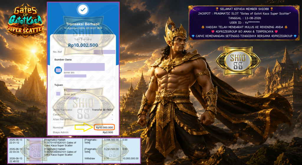 SHIO88 JACKPOT PRAGMATIC SLOT “Gates of Gatot Kaca Super Scatter” Rp 10.000.000,- LUNAS