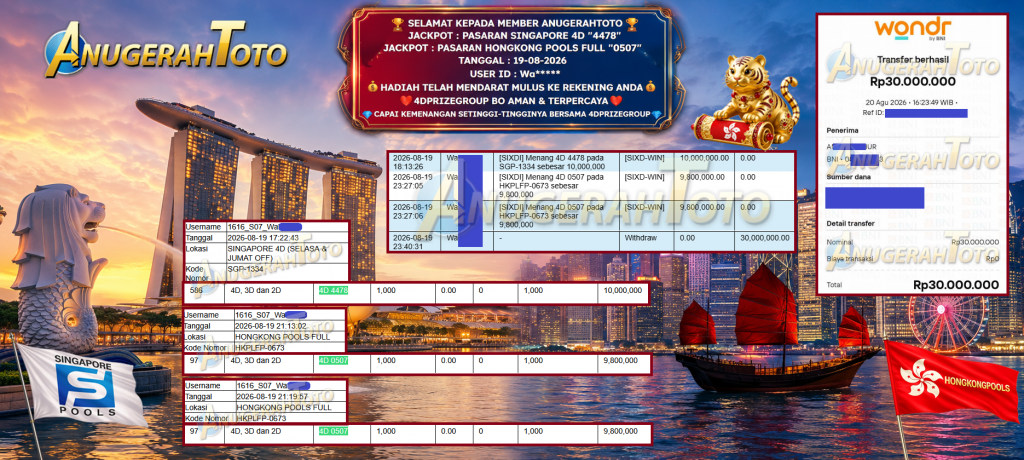 ANUGERAHTOTO JACKPOT PASARAN SINGAPORE 4D “4478” & PASARAN HONGKONG POOLS FULL “0507” Rp 30.000.000,- LUNAS