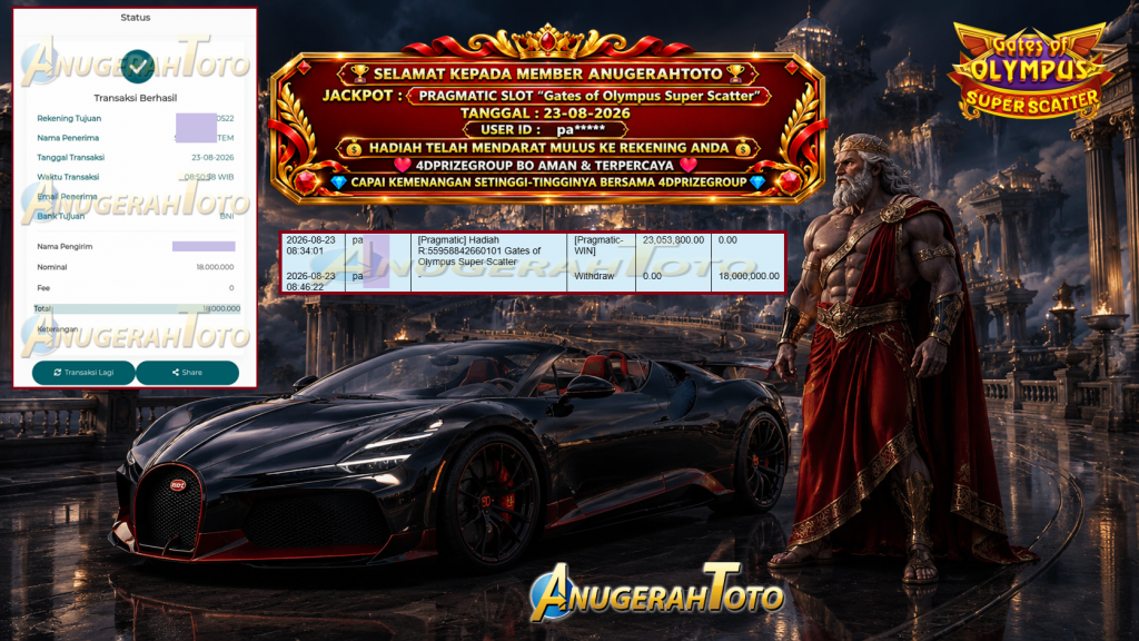 ANUGERAHTOTO JACKPOT PRAGMATIC SLOT “Gates of Olympus Super Scatter” Rp 18.000.000,- LUNAS