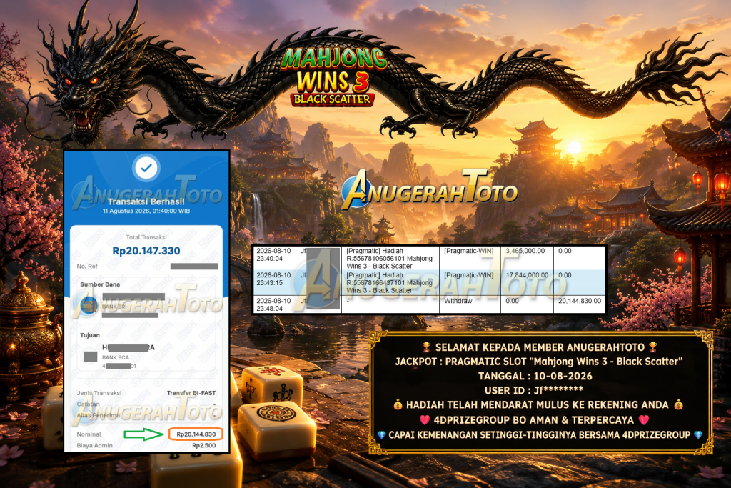 ANUGERAHTOTO JACKPOT PRAGMATIC SLOT “Mahjong Wins 3 – Black Scatter” Rp 20.144.830,- LUNAS