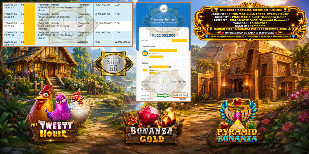 SHIO88 JACKPOT PRAGMATIC SLOT “The Tweety House” & “Bonanza Gold” & “Pyramid Bonanza” Rp 22.000.000,- LUNAS