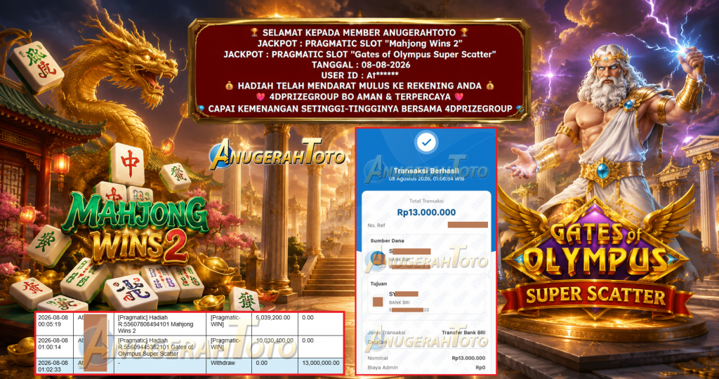ANUGERAHTOTO JACKPOT PRAGMATIC SLOT “Mahjong Wins 2” & PRAGMATIC SLOT “Gates of Olympus Super Scatter” Rp 13.000.000,- LUNAS