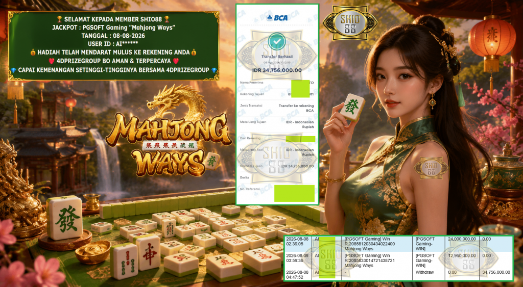 SHIO88 JACKPOT PGSOFT Gaming “Mahjong Ways” Rp 34.756.000,- LUNAS