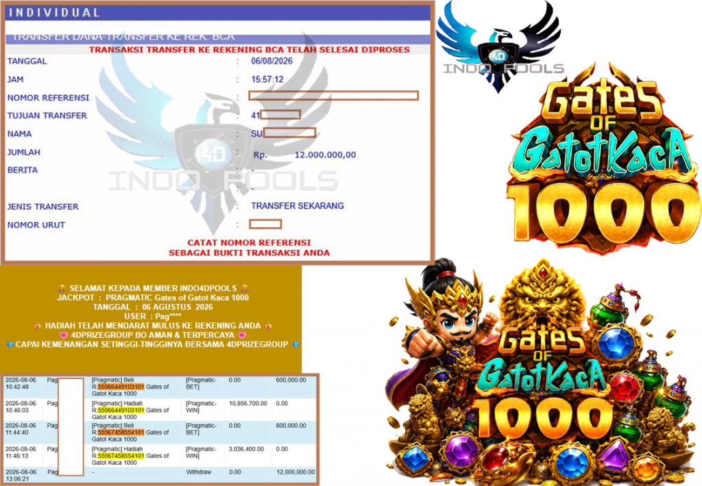 INDO4DPOOLS JACKPOT PRAGMATIC “Gates of Gatot Kaca 1000″ Rp12.000.000,- LUNAS