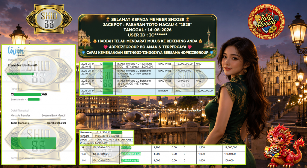 SHIO88 JACKPOT PASARAN TOTO MACAU 4 “1828” Rp 13.000.000,- LUNAS