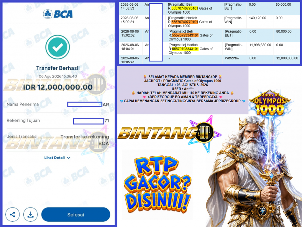 BINTANG4DP JACKPOT PRAGMATIC “Gates of Olympus 1000″‎‏‏‎‎ Rp12.000.000,- LUNAS