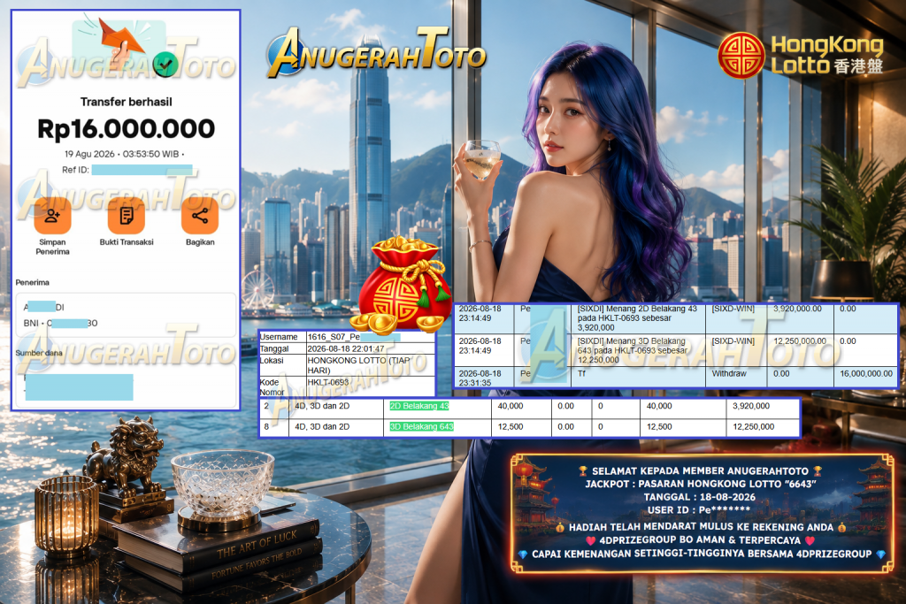 ANUGERAHTOTO JACKPOT PASARAN HONGKONG LOTTO “6643” Rp 16.000.000,- LUNAS