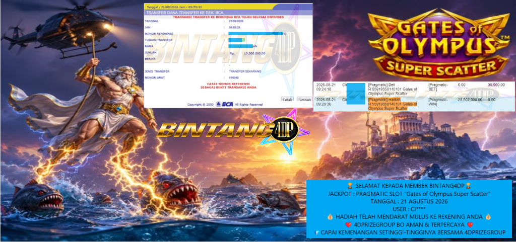 BINTANG4DP JACKPOT PRAGMATIC SLOT “Gates of Olympus Super Scatter” Rp19.000.000,- LUNAS