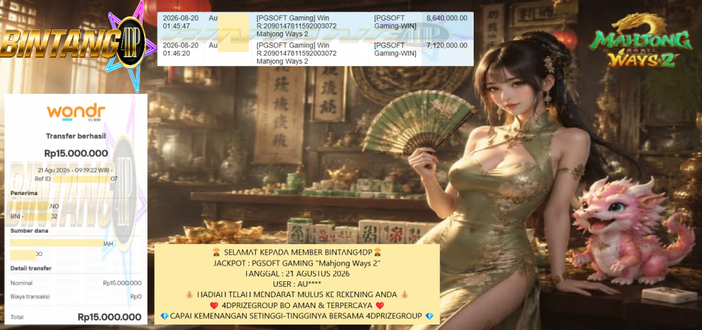 BINTANG4DP JACKPOT PGSOFT GAMING “Mahjong Ways 2” Rp15.000.000,- LUNAS