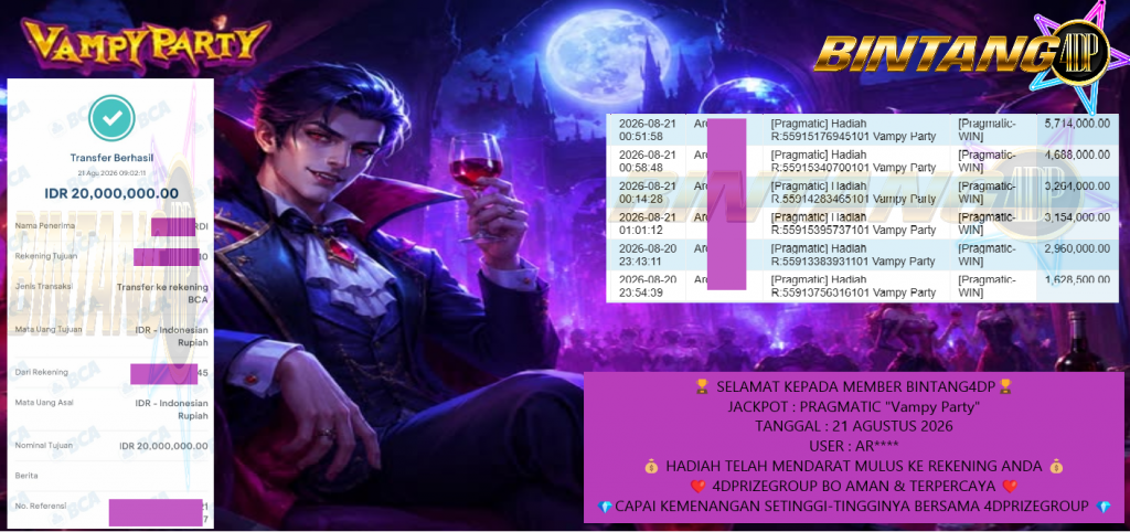 BINTANG4DP JACKPOT PRAGMATIC “Vampy Party” Rp 20.000.000,- LUNAS