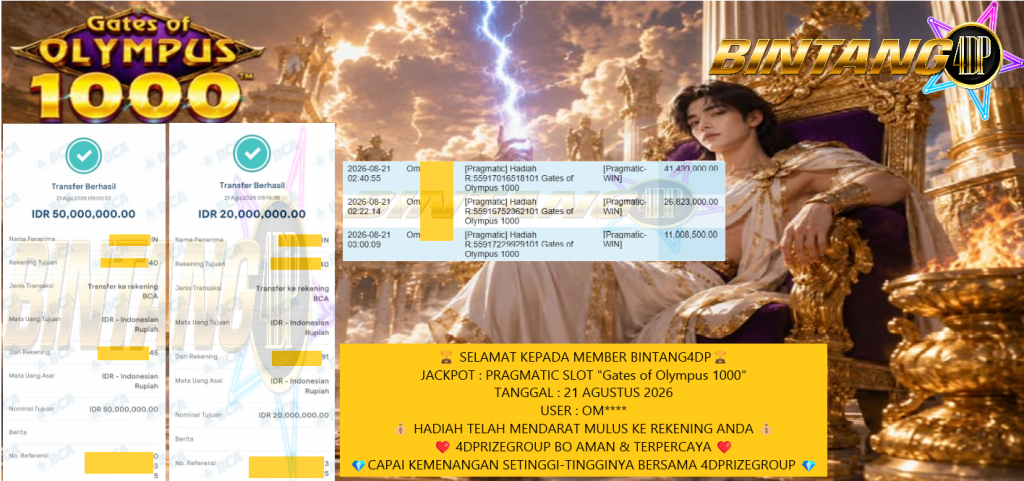 BINTANG4DP JACKPOT PRAGMATIC SLOT “Gates of Olympus 1000” Rp 70.000.000,- LUNAS