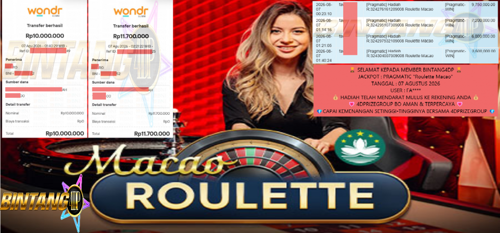 BINTANG4DP JACKPOT PRAGMATIC “Roulette Macao” ‎‏‏‎Rp 21.700.000,- LUNAS