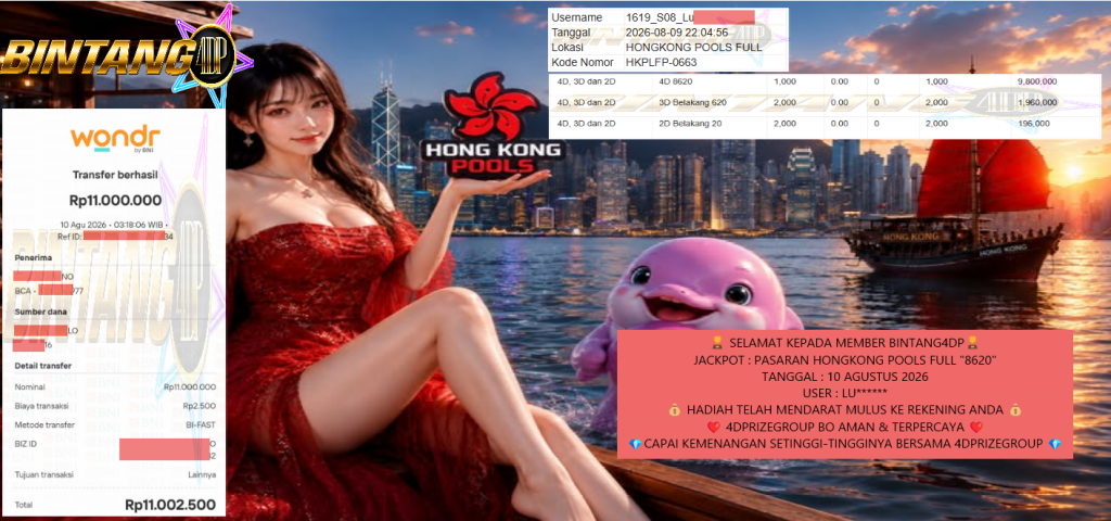 BINTANG4DP JACKPOT PASARAN HONGKONG POOLS FULL “8620” Rp11.000.000,- LUNAS