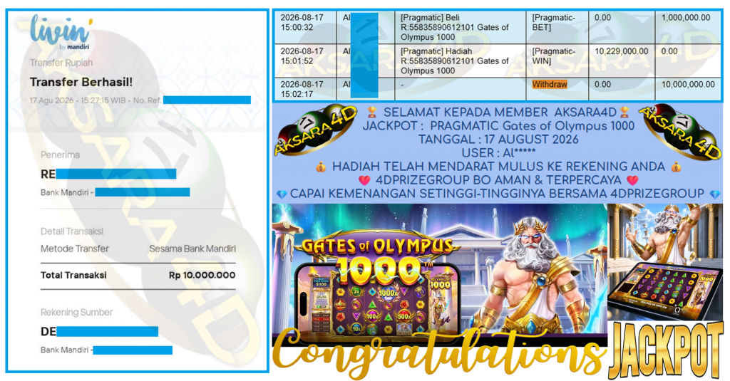 AKSARA4D JACKPOT PRAGMATIC ” Gates of Olympus 1000 ” Rp 10,000,000,- LUNAS