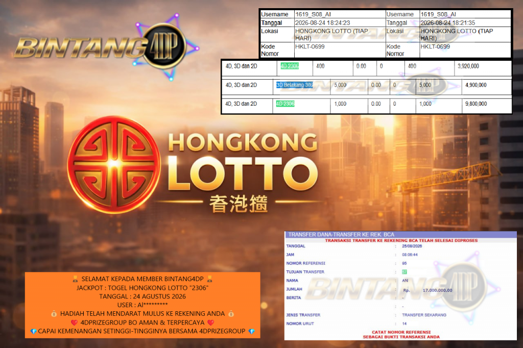 BINTANG4DP JACKPOT TOGEL HONGKONG LOTTO “2306” Rp17.000.000,- LUNAS
