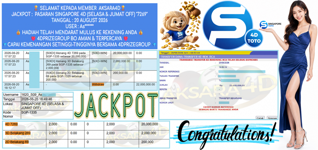 AKSARA4D JACKPOT PASARAN ” SINGAPORE 4D (SELASA & JUMAT OFF) ”7269” ” Rp 22,000,000,- LUNAS