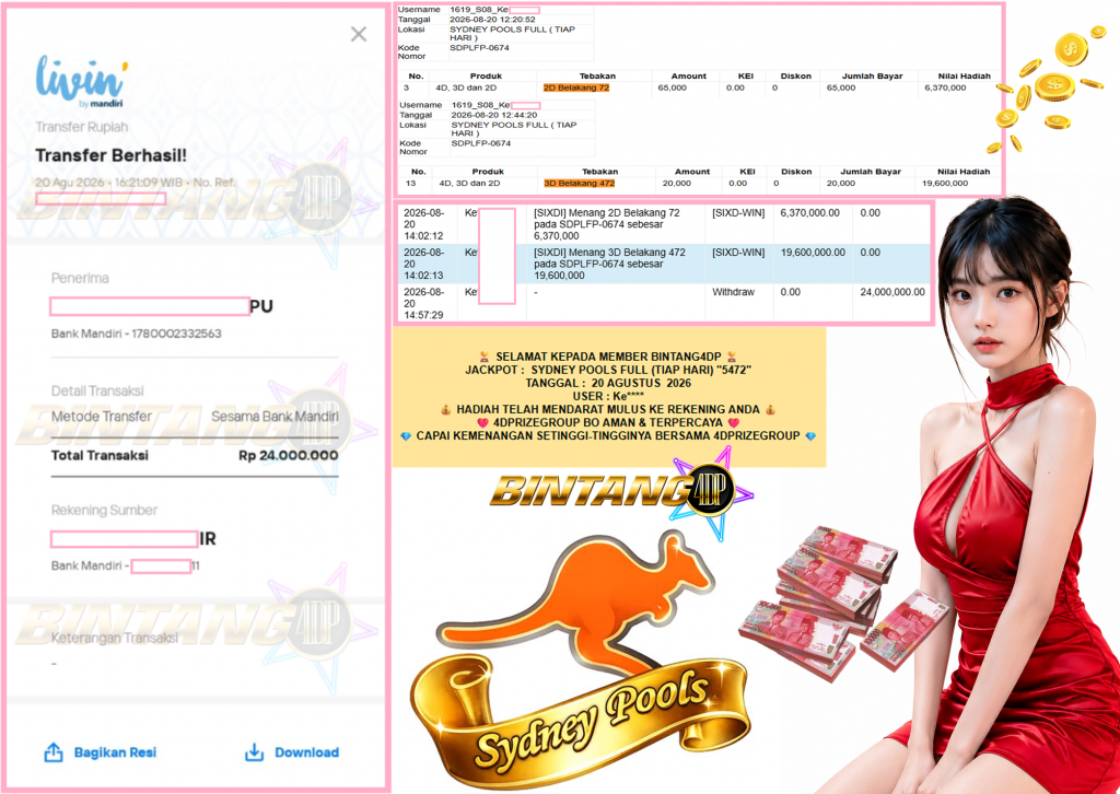 BINTANG4DP JACKPOT SYDNEY POOLS FULL (TIAP HARI) β5472βββββ Rp24.000.000,- LUNAS