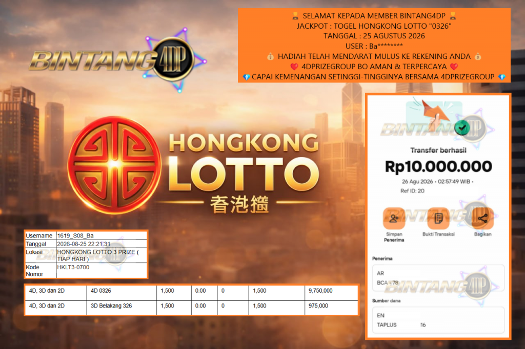 BINTANG4DP JACKPOT TOGEL HONGKONG LOTTO “0326” Rp10.000.000,- LUNAS