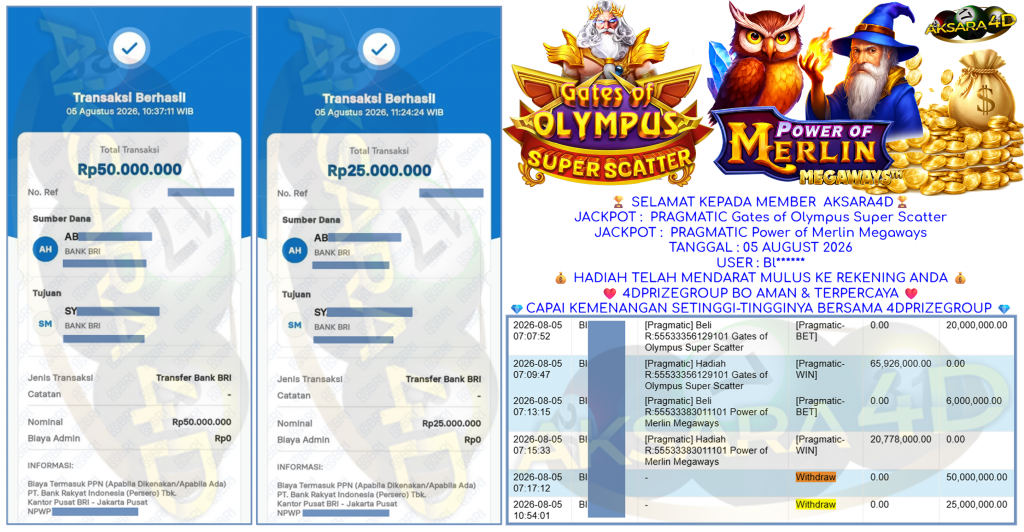 AKSARA4D JACKPOT PRAGMATIC ” Gates of Olympus Super Scatter ” Power of Merlin Megaways ” Rp 75,000,000,- LUNAS