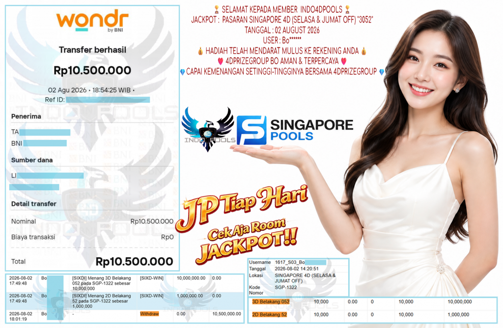 INDO4DPOOLS JACKPOT PASARAN ” SINGAPORE 4D (SELASA & JUMAT OFF) ”3052” ” Rp 10,500,000,- LUNAS