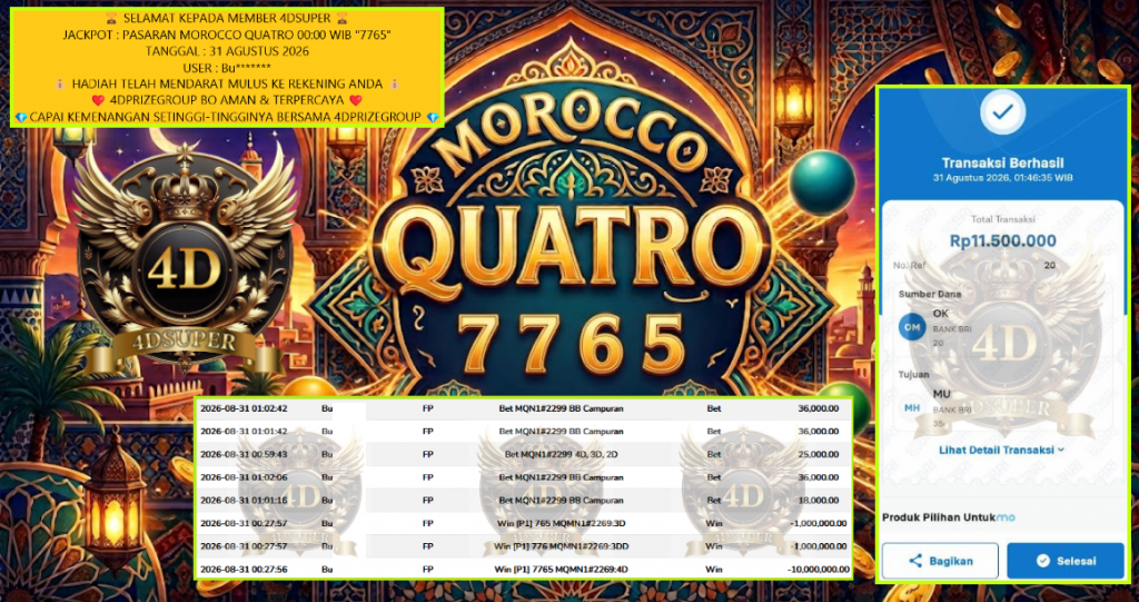 4DSUPER JACKPOT PASARAN MOROCCO QUATRO 00:00 WIB “7765” ‎‎‏‏‎‎‏‏ Rp.11.500.000,-LUNAS
